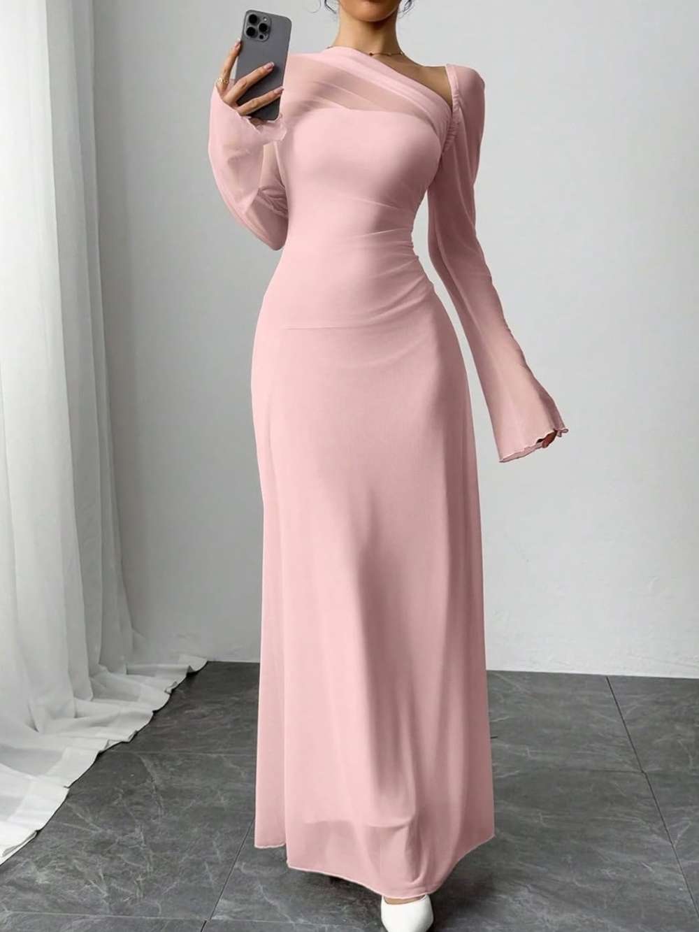 Coming Soon!!!! Women's One-Shoulder Long Sleeve Maxi Dress in Blush Pink